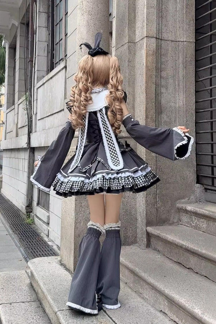 ブラック [Berlin Covenant] 取り外し可能な袖 姫袖 プリント フリル リボン レースアップ ゴシックロリータワンピースセット 商品画像