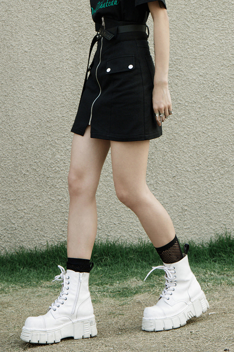 Black High Waist Front Zipper Metal Eyelets Belt Side Pocket Women's Punk Denim Skirt - Product - 3