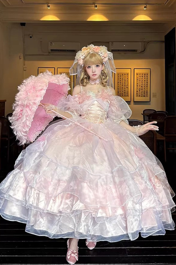 Pink [Mist Sea] Halterneck Short Sleeves Multi-Layered Ruffled Hanayome Bow Lace Sweet Plus Size Lolita Dress - Product - 2