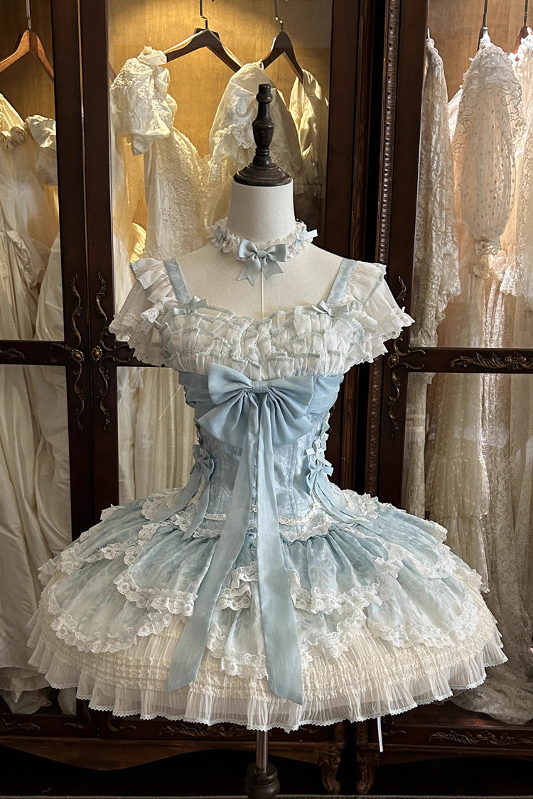 Green [Floral Dream] Short Sleeves Multi-Layered Ruffle Embroidery Bowknot Lace-Up Sweet Elegant Ballet Lolita Jsk Dress - Product - 6