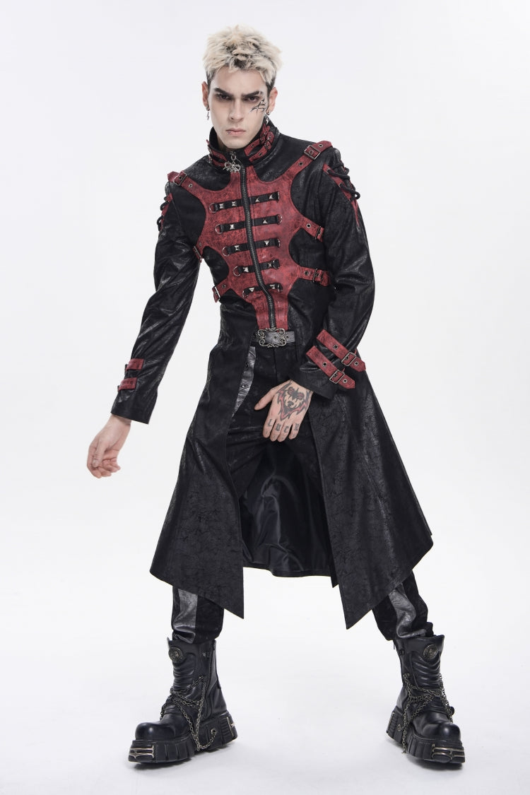 Black Stand Collar Long Sleeves Printed Spliced Studded Buckled Zippered Eyelet Men's Punk Cool Hooded Jacket - Product - 11