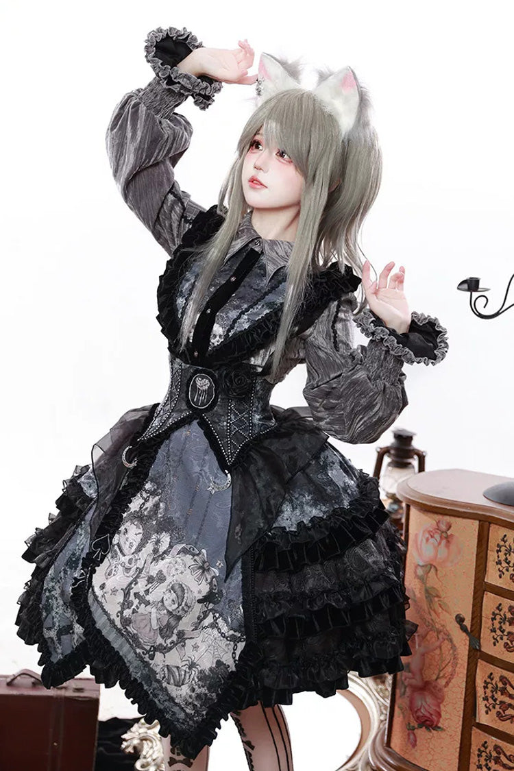 [Werewolf] Fairy Tale Lapel Collar Long Sleeves Printed Ruffled Open-Front Lace Heavy-Detailed Gothic Lolita Skirt Set (Red, Grey, Purple) - Product - 28