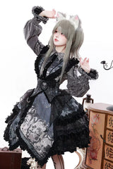 [Werewolf] Fairy Tale Lapel Collar Long Sleeves Printed Ruffled Open-Front Lace Heavy-Detailed Gothic Lolita Skirt Set (Red, Grey, Purple) - Product - 28