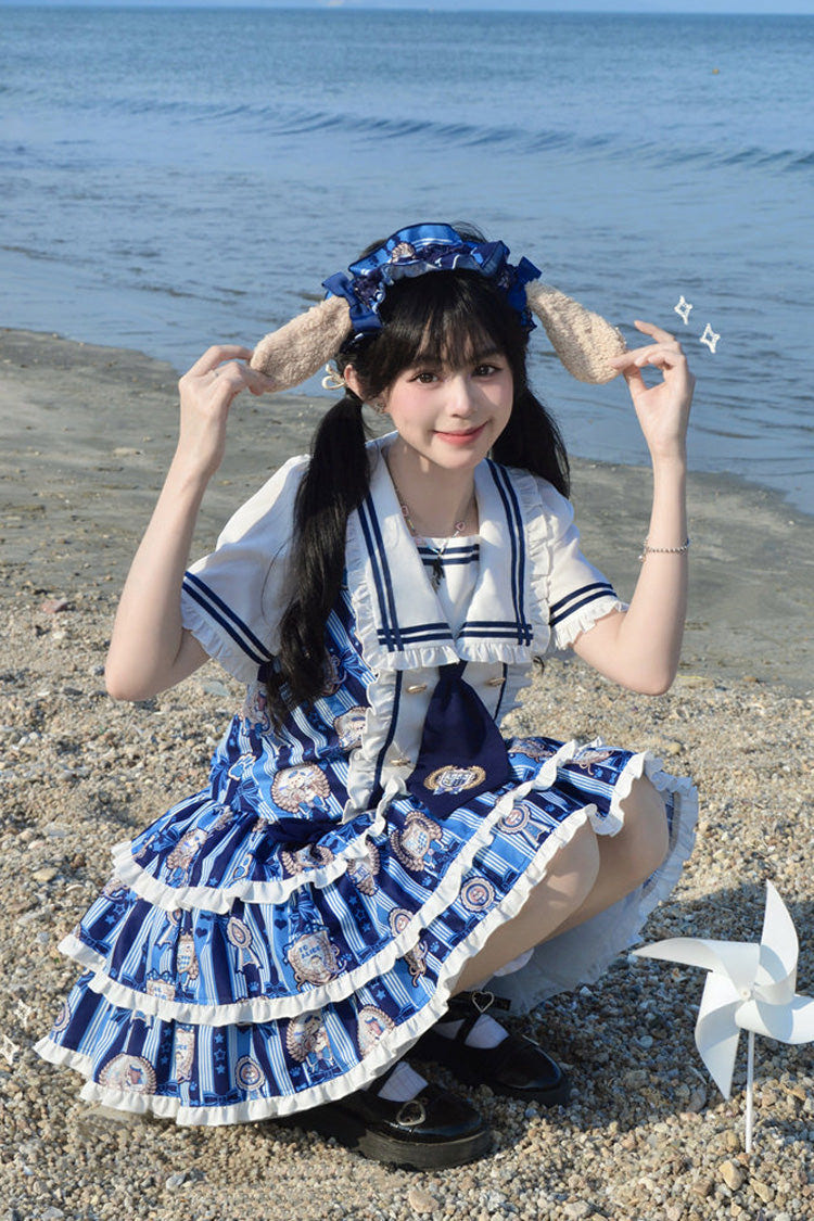 Blue [Glory of the Dog] Navy Collar Short Sleeves Low Waisted Triple-Layered Printed Ruffled Bow Sweet Lolita Dress - Product - 8
