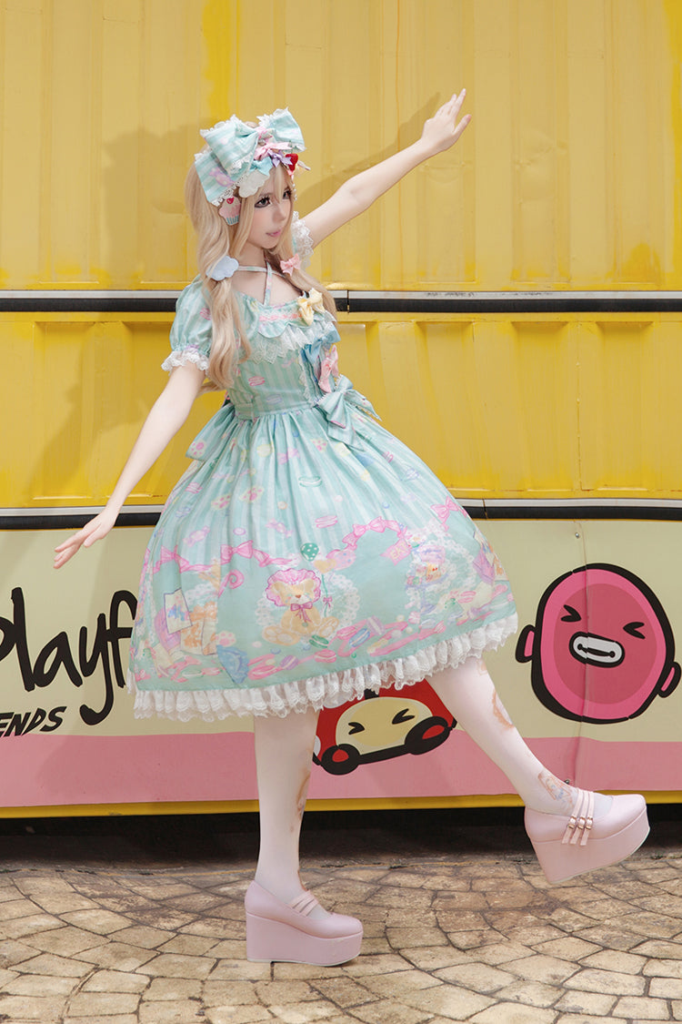 [Macaron Dolly House] Doll Collar Short Sleeves Print Bowknot Sweet Lolita Dress 3 Colors - Product - 2