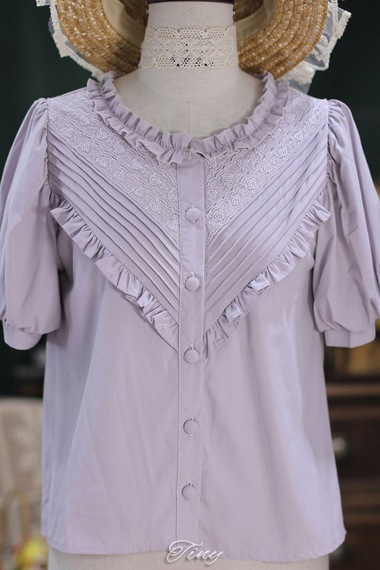 Elegant Short Sleeves Lace Round Neck Waves Dream Sweet Lolita Blouse 4 Colors - Purple - 1