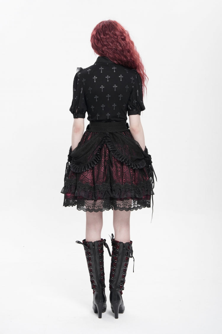 Black/Red Multi-Layered Ruffle Buckle Straps Women's Gothic Skirt - Product - 8