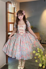 Blue Gem Rose Print Short Puff Sleeves Ruffle Bowknot Sweet Plus Size Lolita Dress - Product - 2