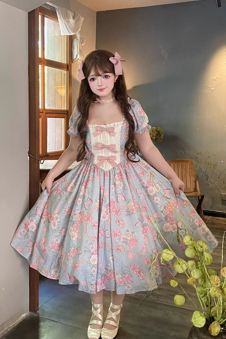 Blue Gem Rose Print Short Puff Sleeves Ruffle Bowknot Sweet Plus Size Lolita Dress - Product - 2