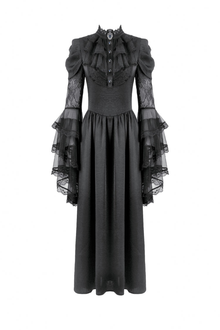 Black Stand Collar Trumpet Sleeves Multi-Layered Ruffled Lace Lace-Up Women's Gothic Wedding Dress - Product - 3