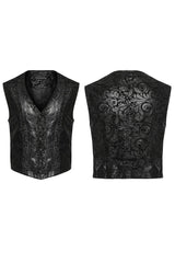 Black V Collar Sleeveless Exquisitely Carved Floral Print Faux Leather Mens Gothic Vest - Product - 5