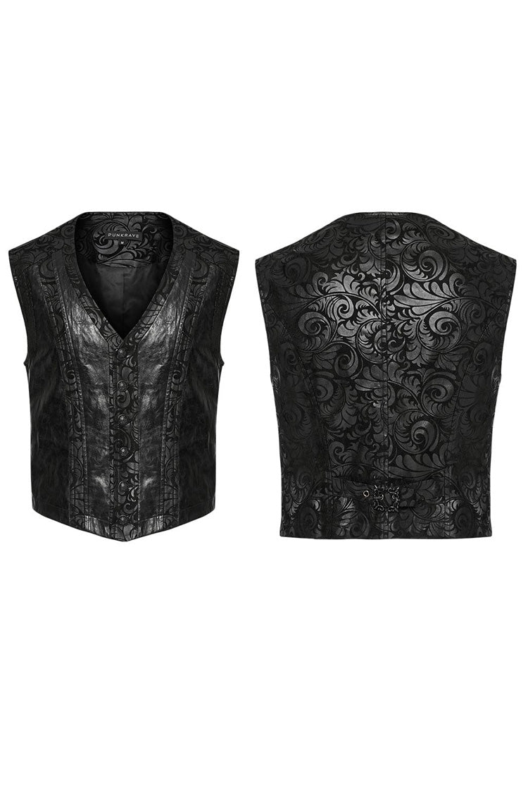 Black V Collar Sleeveless Exquisitely Carved Floral Print Faux Leather Mens Gothic Vest - Product - 5