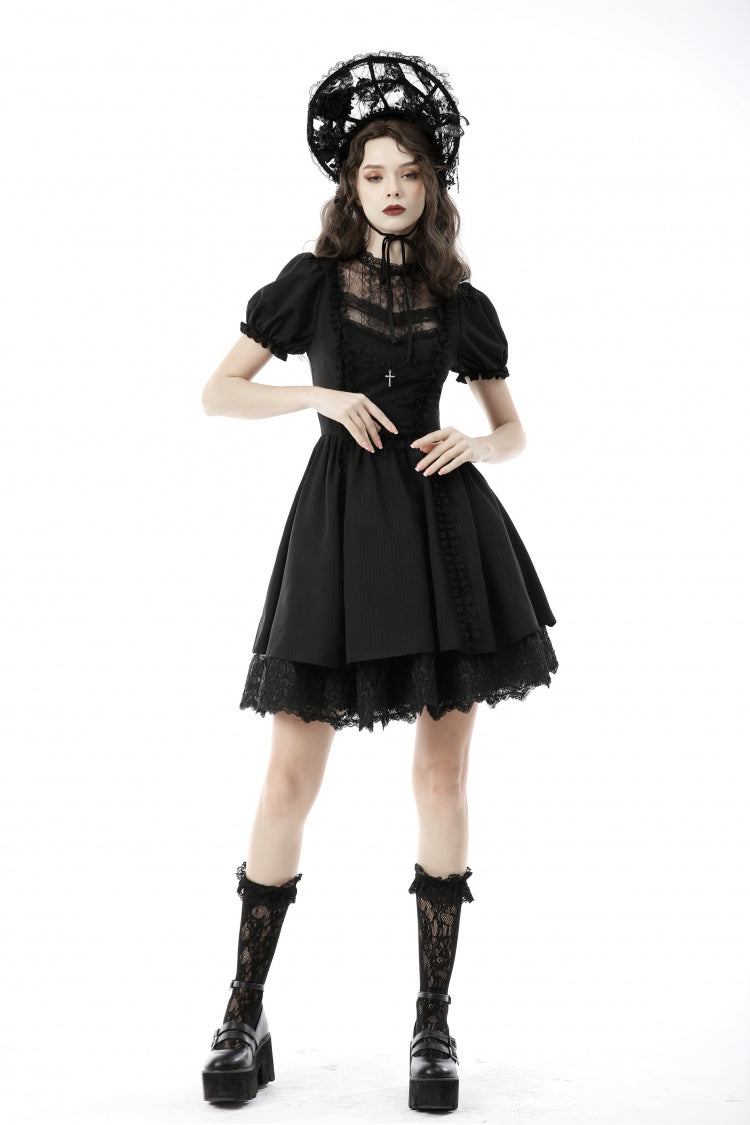 Black Tulle Lace Stand Collar Short Puff Sleeves Women's Lolita Gothic Doll Dress - Product - 10