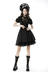 Black Tulle Lace Stand Collar Short Puff Sleeves Women's Lolita Gothic Doll Dress - Product - 10