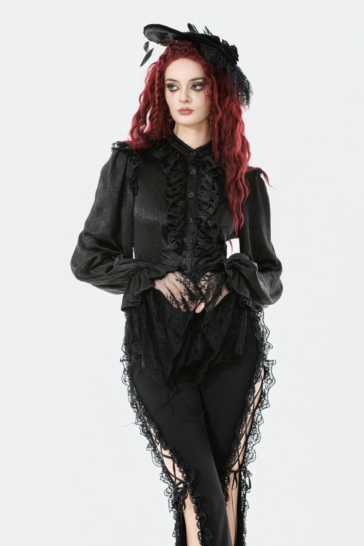 Black Long Lantern Sleeves Ruffled Spliced Lace Women's Gothic Blouse - Product - 5