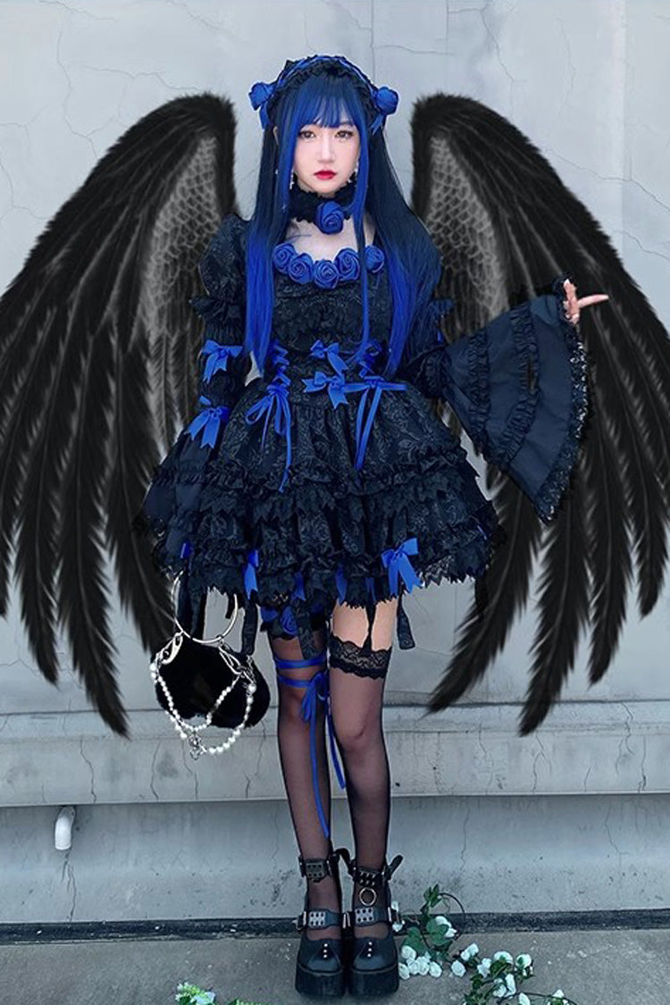 Black/Blue Puff Short Sleeves Princess Gothic Lolita Tiered Dress - Product - 2