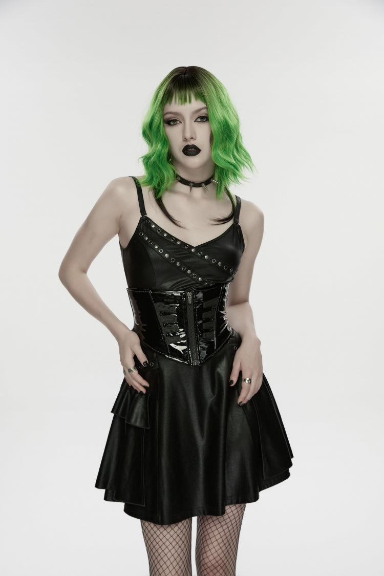 Black Lace-Up Slim Zippered Women's Punk Underbust Corset - Black - 1