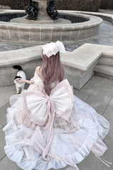 Pink Boat Neck Ruffled Bow Sweet Princess Lolita Dress - Product - 4