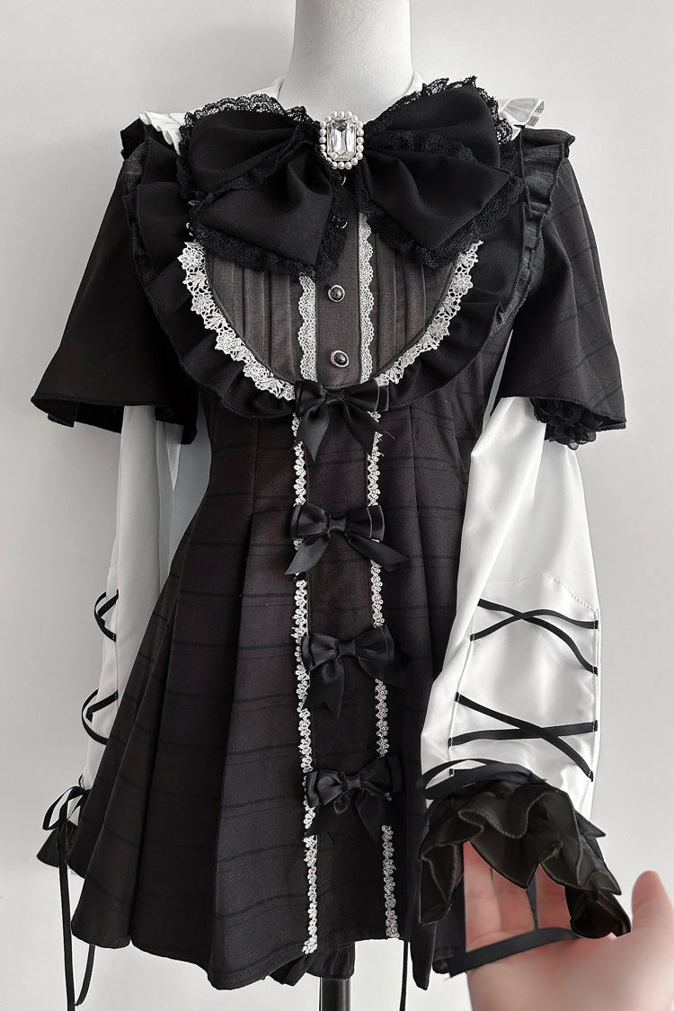 [Black Veil Pact] Short Sleeves Printed Ruffled Bow Gothic Jirai Kei Japanese Dress Shorts Set 2 Colors - Product - 3