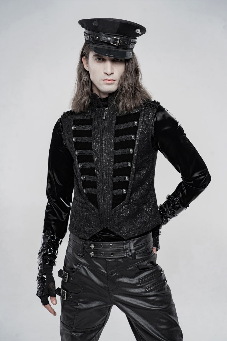 Black Stand Collar Jacquard Front Breasted Men's Gothic Vest - Black - 1