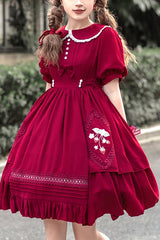 Red Doll Collar Lantern Sleeves Ruffled Strawberry Embroidered Sweet Lolita Dress - Red - 1