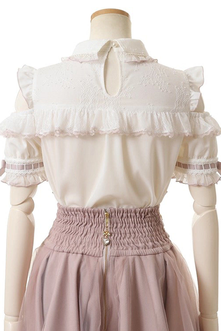 Sweet Lapel Collar Off Shoulder Short Sleeves Bowknot Pearl Jirai Kei Japanese Blouse 3 Colors - Product - 3