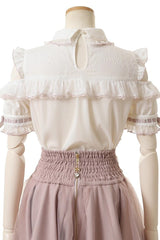 Sweet Lapel Collar Off Shoulder Short Sleeves Bowknot Pearl Jirai Kei Japanese Blouse 3 Colors - Product - 3