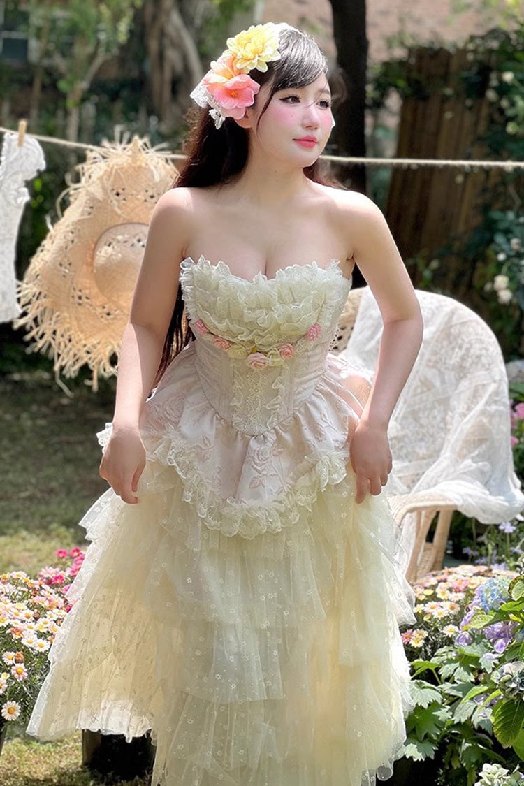 Pink Flower Goddess of Love Ruffle Bowknot Lace Sweet Elegant Lolita Maxi Skirt Dress Set - Product - 10
