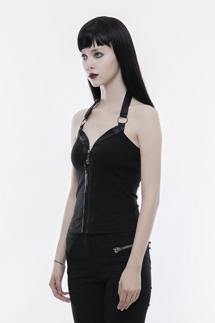 Black Halterneck Sleeveless Embroidery Zipper Backless Women's Punk Vest - Product - 2