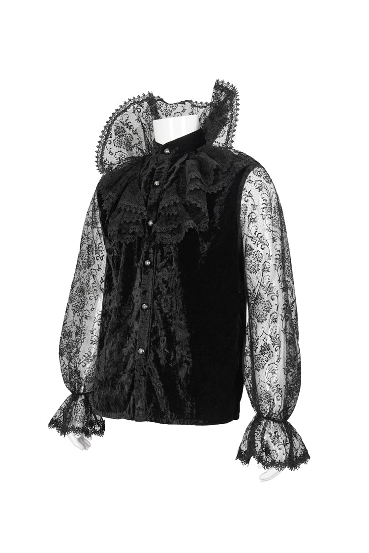 Black Lotus Leaf Stand Collar Semitransparent Lace Long Sleeved Men's Gothic Shirt - Product - 7