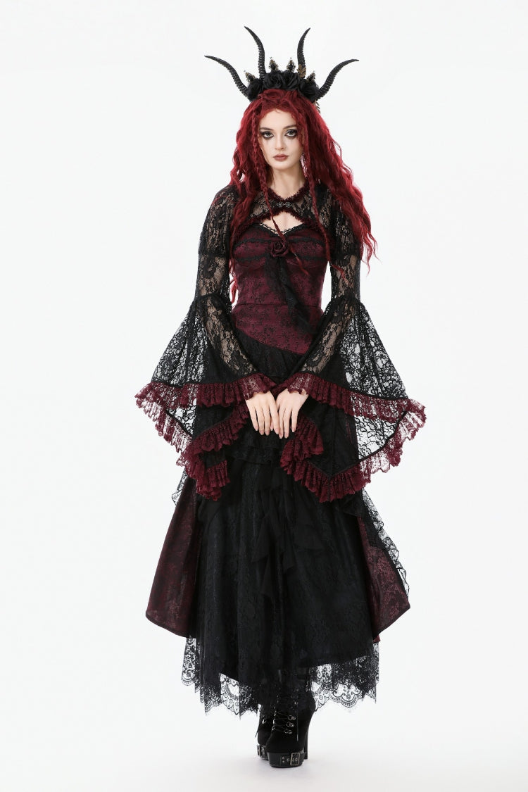 Black/Red Long Puff Flared Sleeves Floral Lace Women's Gothic Cape - Product - 10