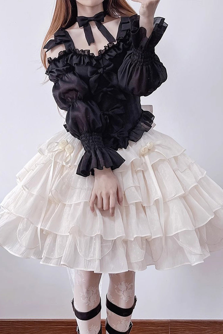 Black/Apricot Multi-layer Ruffle Sweet Princess Lolita Skirt Set - Product - 2