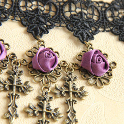 Black Lace Retro Wedding Cross Purple Rose Flower Female Gothic Lolita Armband Bracelet - Product - 5