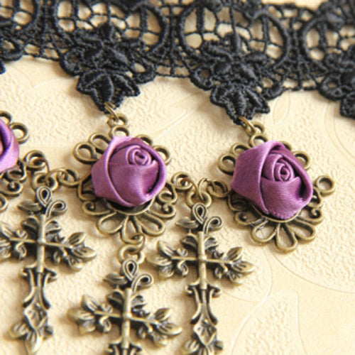 Black Lace Retro Wedding Cross Purple Rose Flower Female Gothic Lolita Armband Bracelet - Product - 5