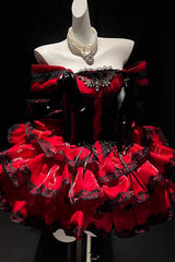 Red [Love Poems of the Heart] Sleeveless Triple-Layered Ruffled Lace Lace-Up Sweet Lolita Jsk Dress - Product - 2