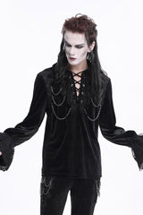 Black V Collar Long Sleeves Lace-Up Chain Men's Gothic Blouse - Product - 5