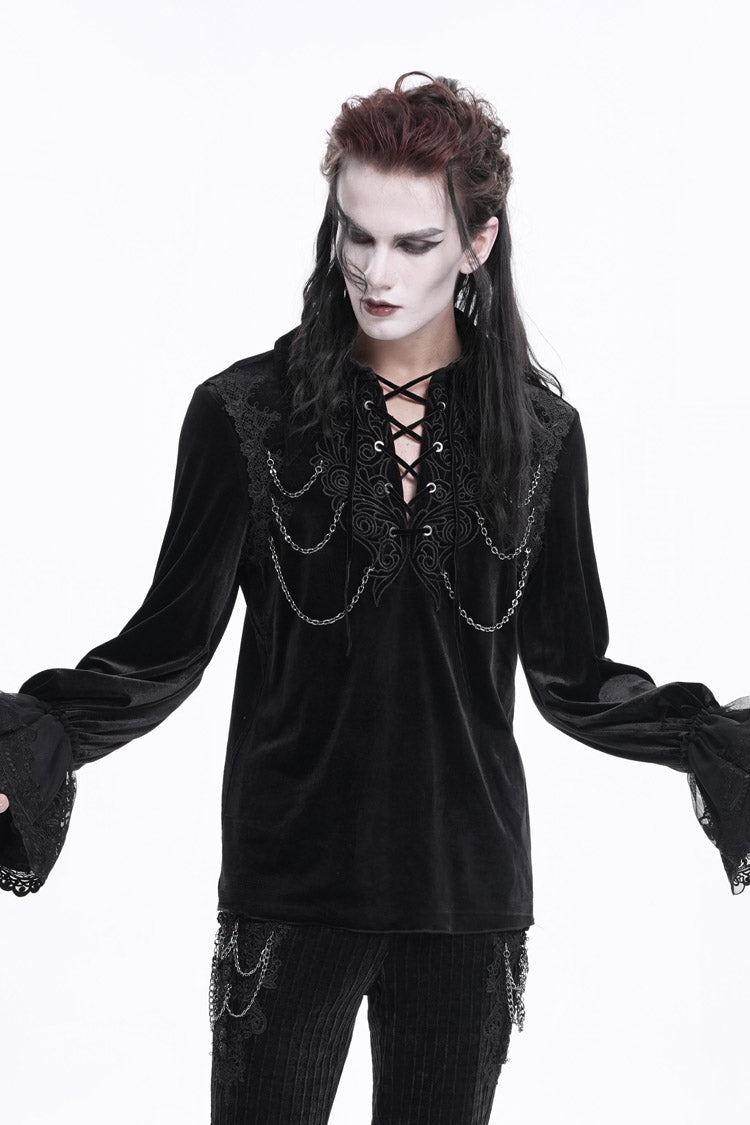 Black V Collar Long Sleeves Lace-Up Chain Men's Gothic Blouse - Product - 5