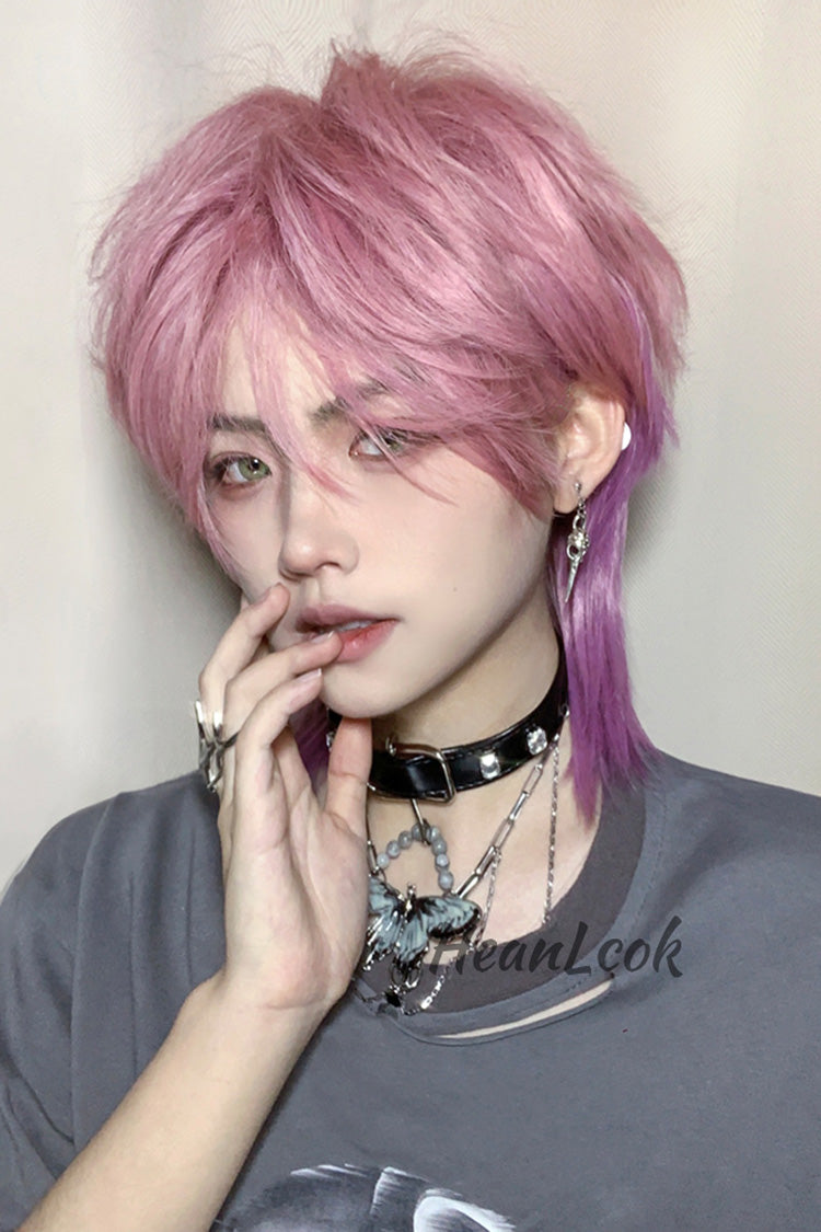 Purple/Pink Wolf Tail Mullet Head Medium Haircut Ouji Wig - Purple/Pink - 1