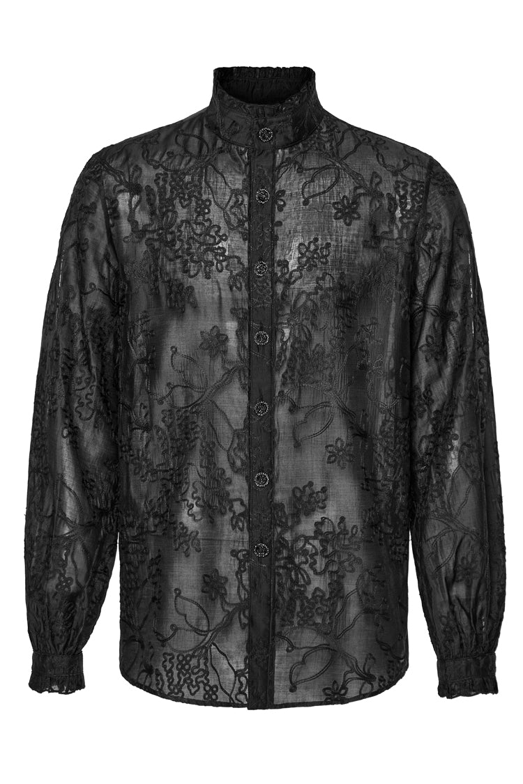 Black Stand Collar Jacquard Embroidery Men's Gothic Blouse - Product - 5