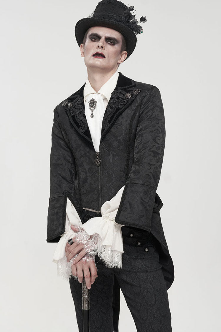 Black Gothic Embroidered Print Pattern Metal Pattern Buckle Decoration Trumpet Sleeve Men's Swallowtail Coat - Product - 2