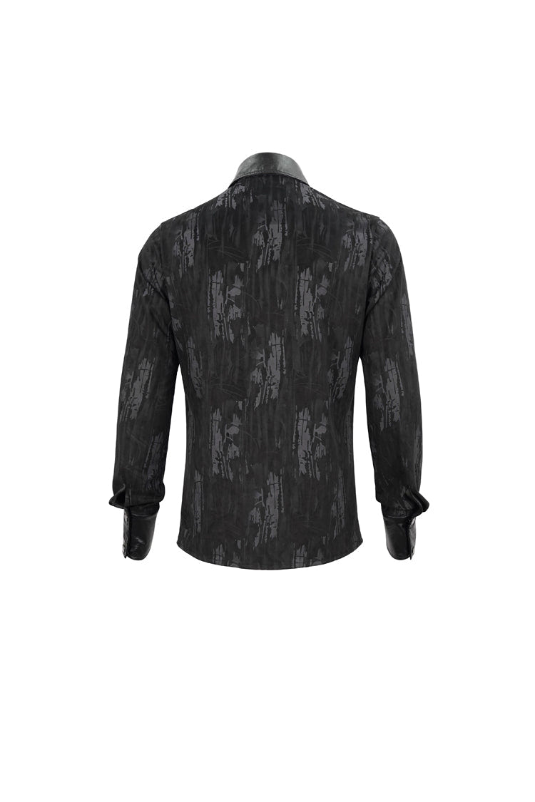 Black Ribbed Metal Chain Hand-Painted Velveteen Paneled Leather Men's Punk Shirt - Product - 8