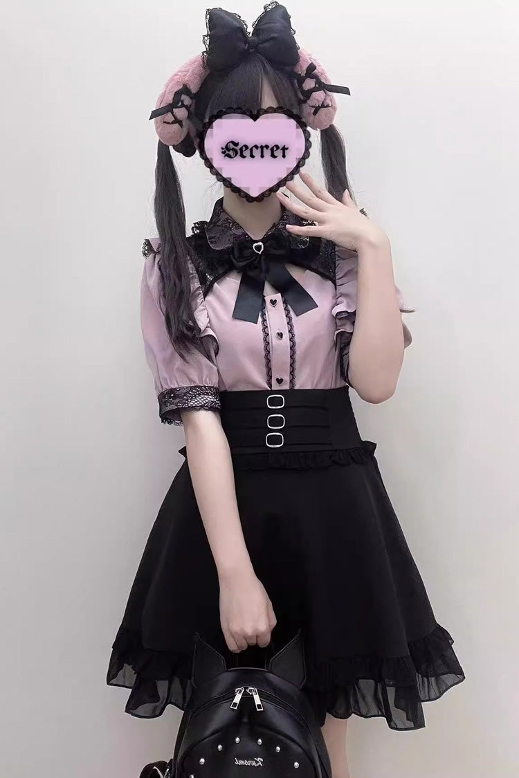 Jirai Kei Short Sleeves Hollow Bowknot Lace Sweet Blouse 3 Colors - Product - 8