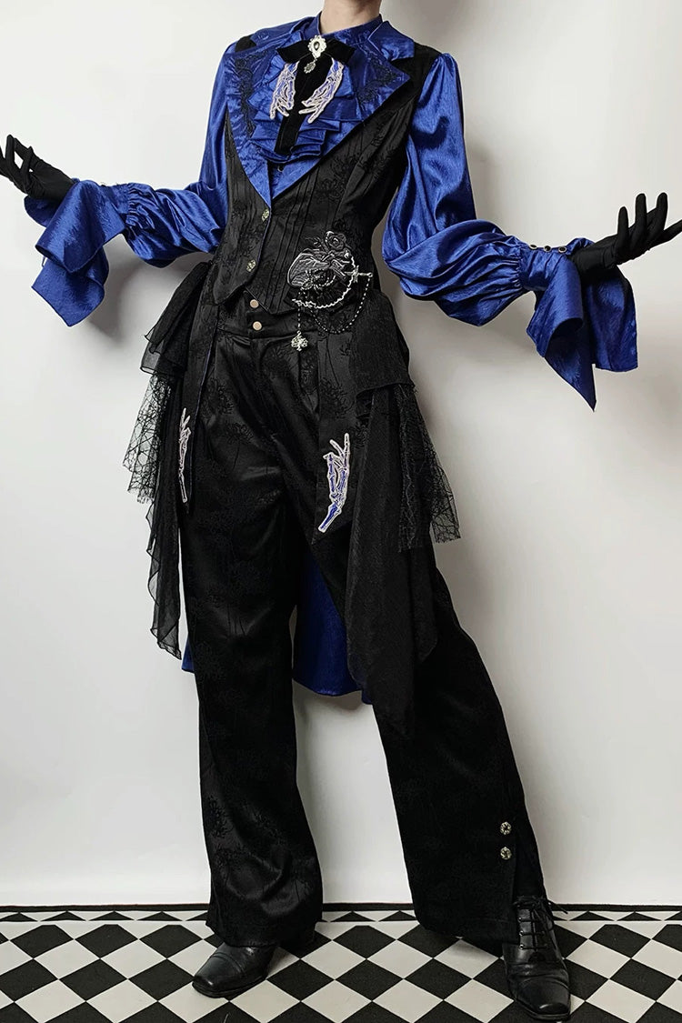 Black/Blue [Moonlit Return] Jacquard Printed Lace-Up Gothic Elegant Ouji Lolita (Blouse/Pants/Shorts/Vest) - Product - 8