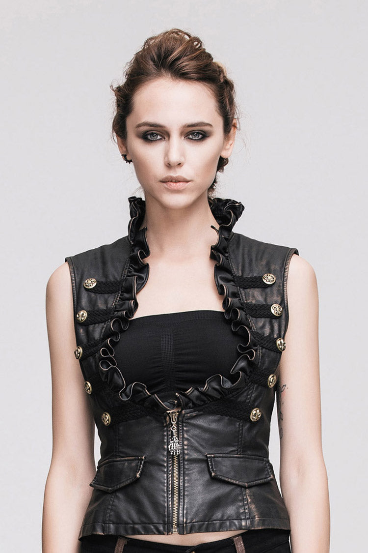 Black/Brown Big Opening Chest Wave Hand Rubbed Leather Collar Women's  Punk Vest - Product - 2