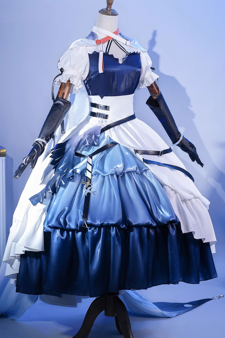 Blue/White [Arknights] Short Puff Sleeves Ruffle Cardigan Asymmetric Classic Anime Cosplay Lolita Dress Set - Product - 3