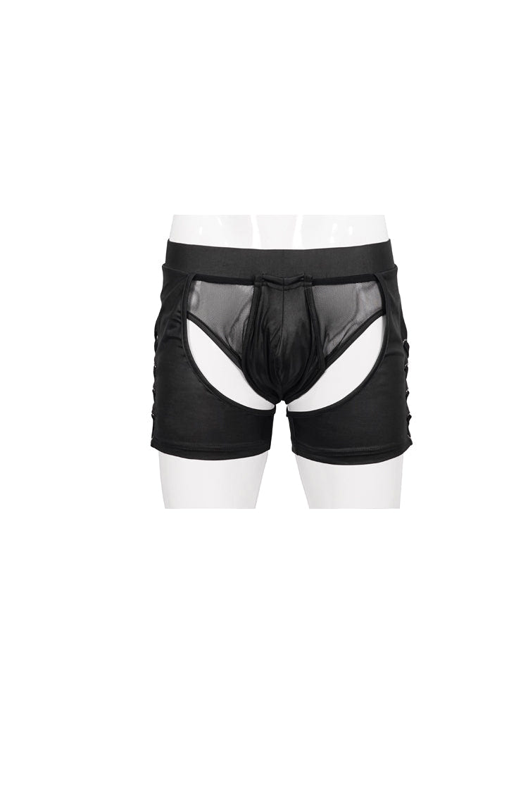 Black Knit Lace Up Perspective Sexy Slim Men's Punk Shorts - Product - 5
