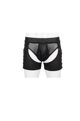 Black Knit Lace Up Perspective Sexy Slim Men's Punk Shorts - Product - 5