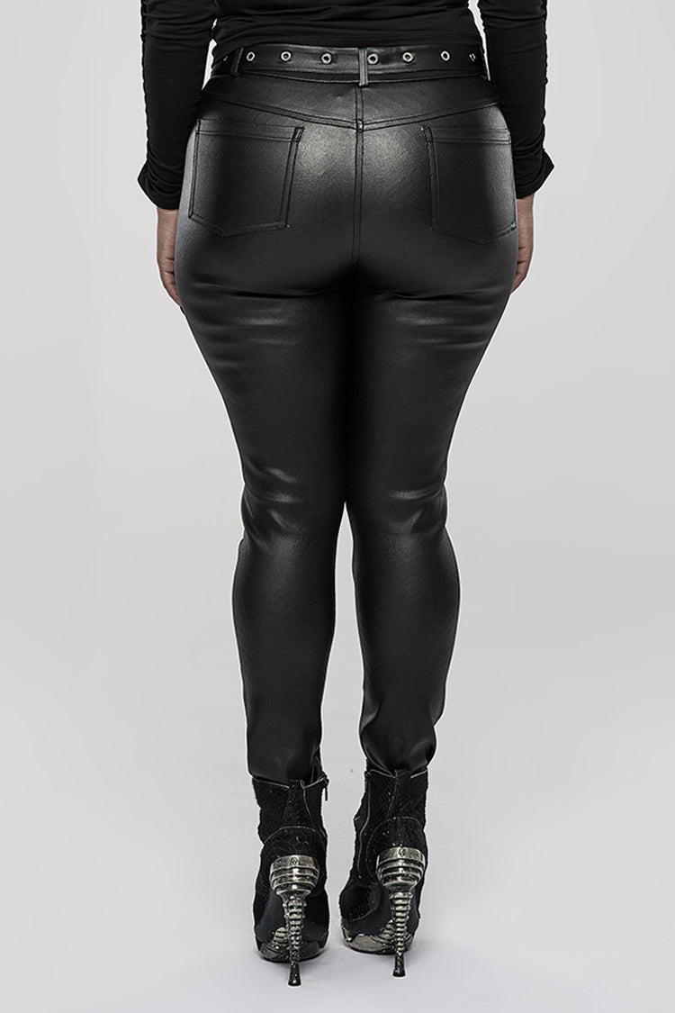 Black Elasticity Glued Woven Fabric Sexy Tight Metal Zipper Belt Decoration Women's Plus Size Punk Trousers - Product - 3