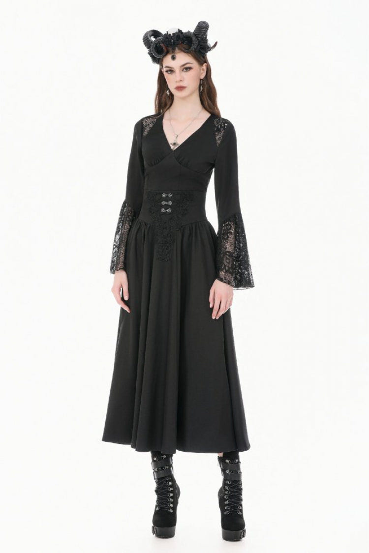 Black Women's Gothic High Waisted Embroidered Gathered Maxi Skirt - Product - 8