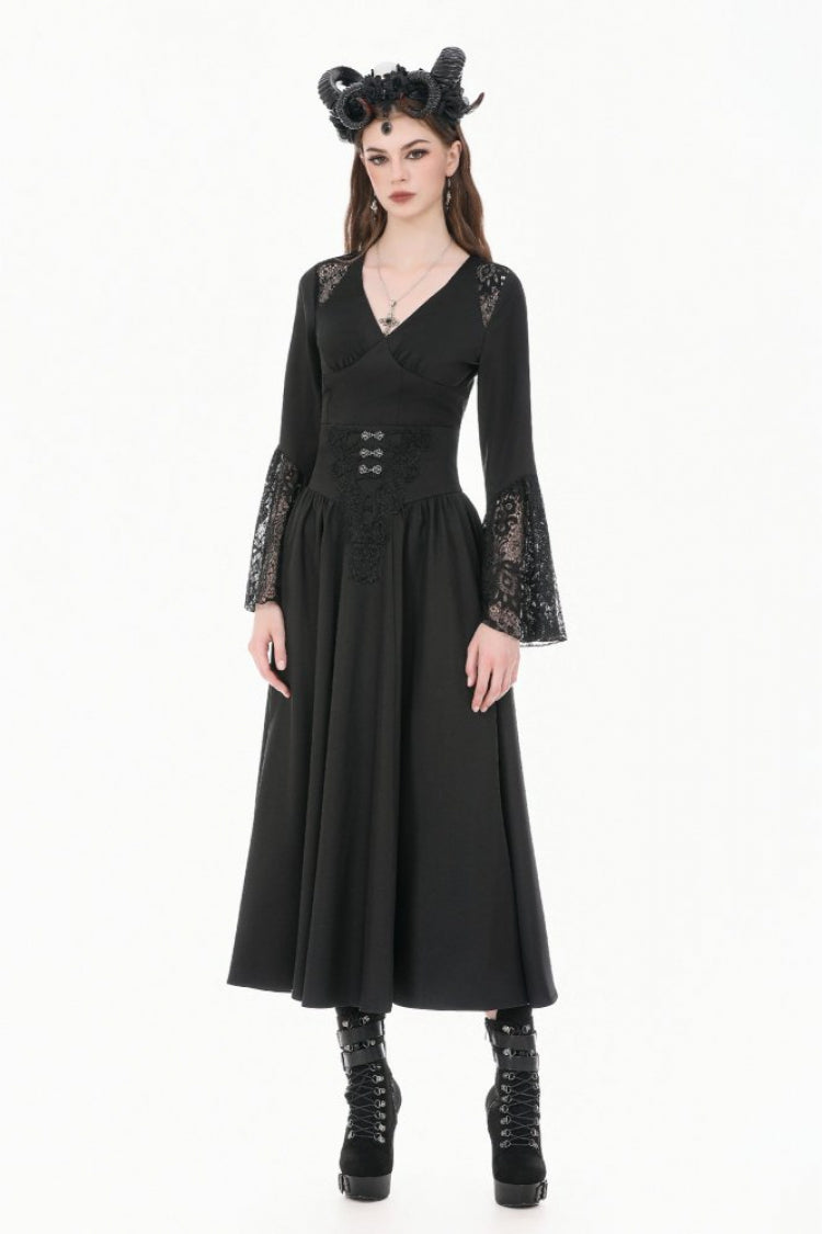 Black Women's Gothic High Waisted Embroidered Gathered Maxi Skirt - Product - 8